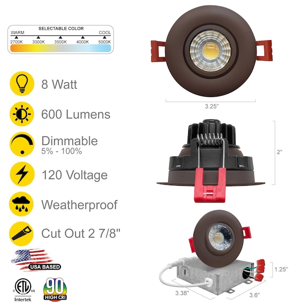 3 Inch Bronze LED Gimbal Recessed Downlight 2700K-5000K Selectable Canless Light, Dimmable 4 Pack